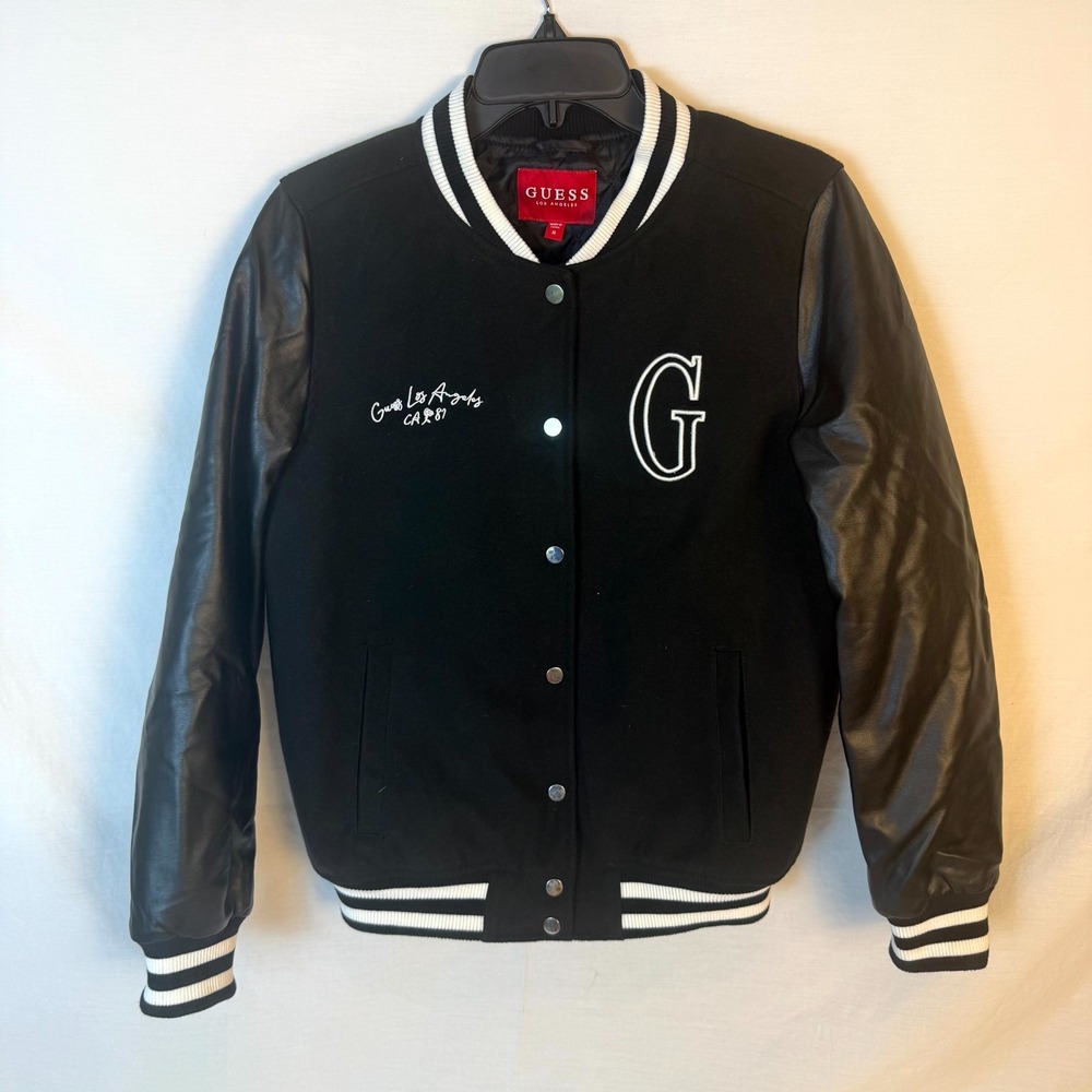 Guess Varsity Style Bomber Jacket Women's M Black Faux Leather Snap Front Edgy